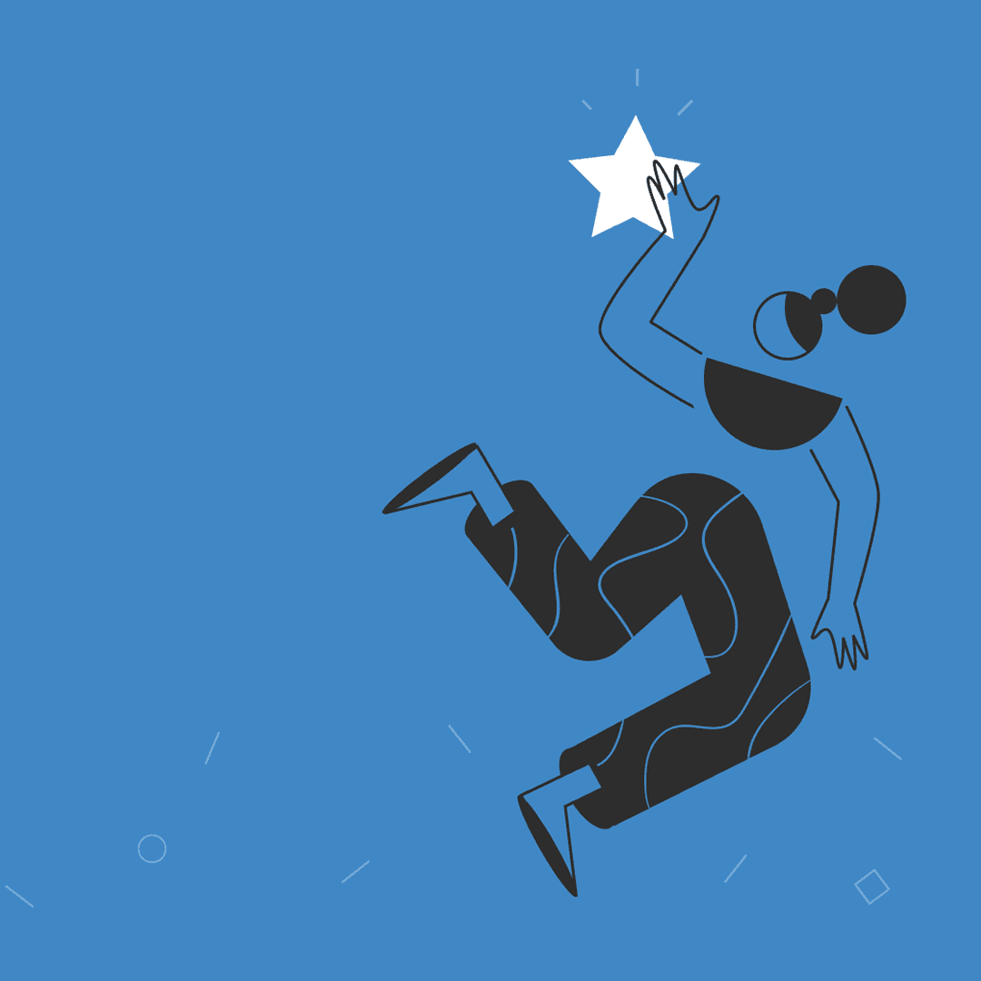 PWC illustration with person achieving success on blue background