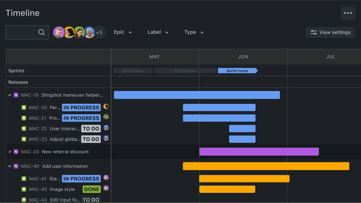 Jira’s timeline view showing tasks and their status