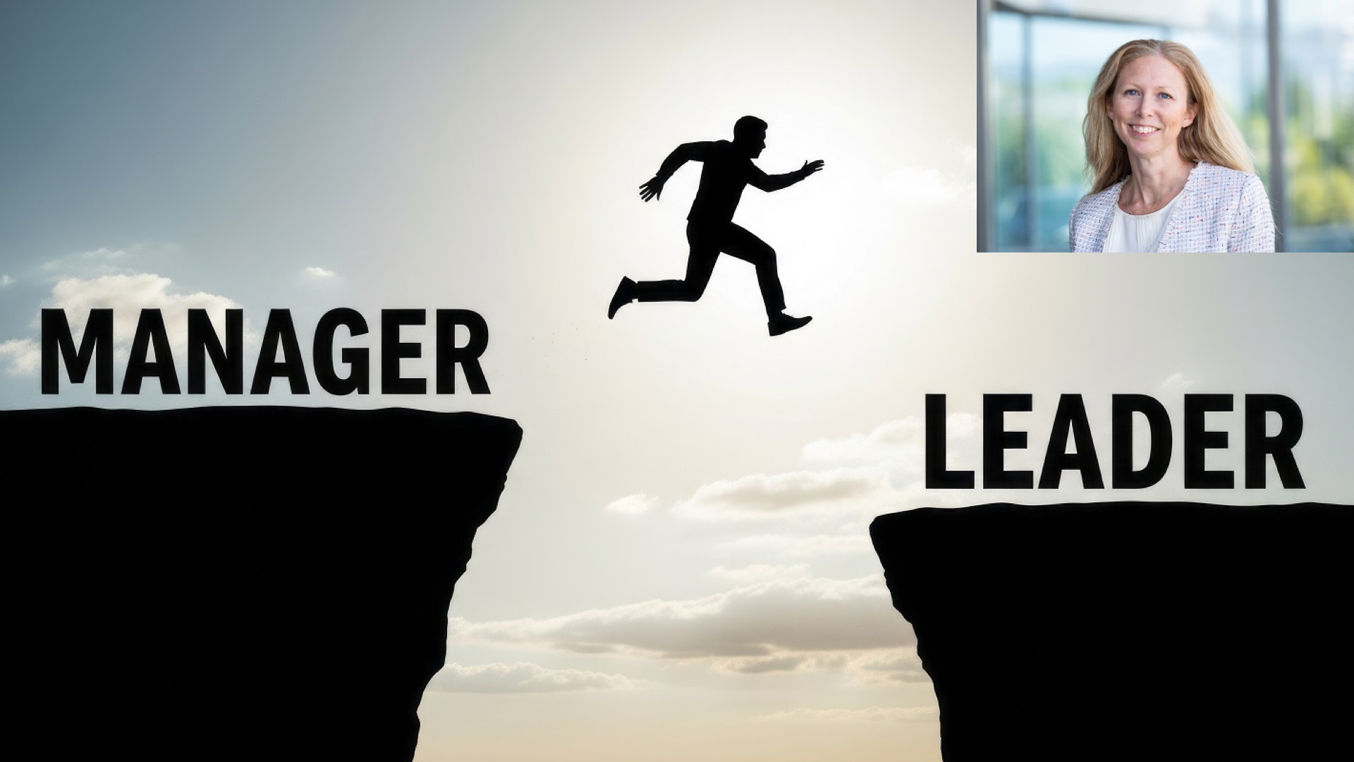 A silhouette of a person jumping from "Manager" to "Leader," with a smiling face in the corner.
