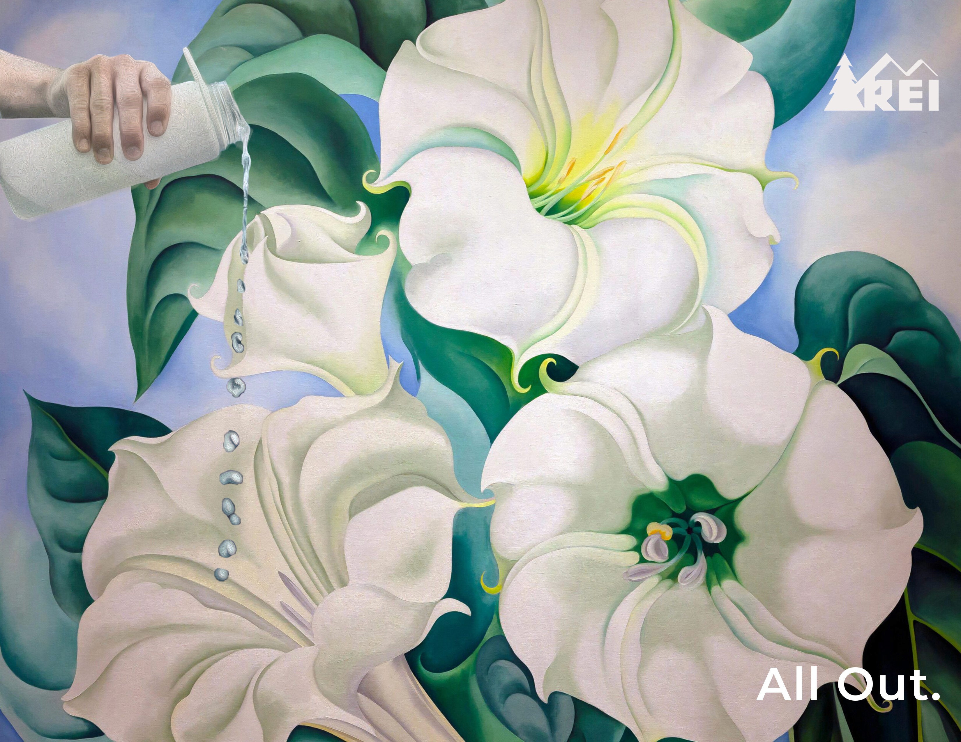 Ad 1: Features a floral painting with a water bottle pouring water into the flowers and the tagline: “All Out”