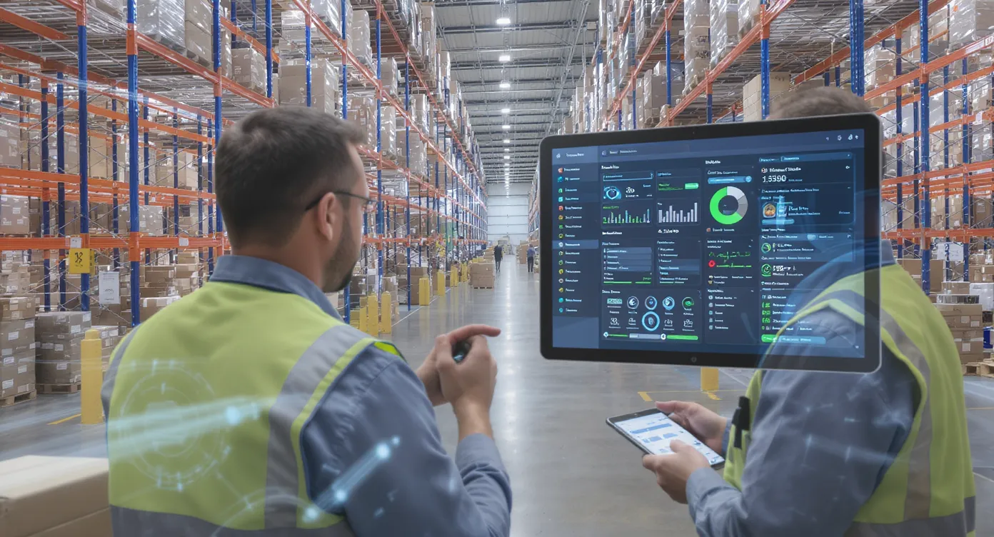 Een moderne distributiewerf met hoge stellingen, scanners en lopende banden. Op de voorgrond bekijkt een medewerker een realtime dashboard met vraagvoorspelling, pick-routes en orderstatus, terwijl een AI-assistent op een tablet aanbevelingen geeft voor inkoop en prioritering.