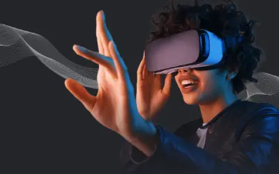 woman wearing virtual reality headgear and smiling