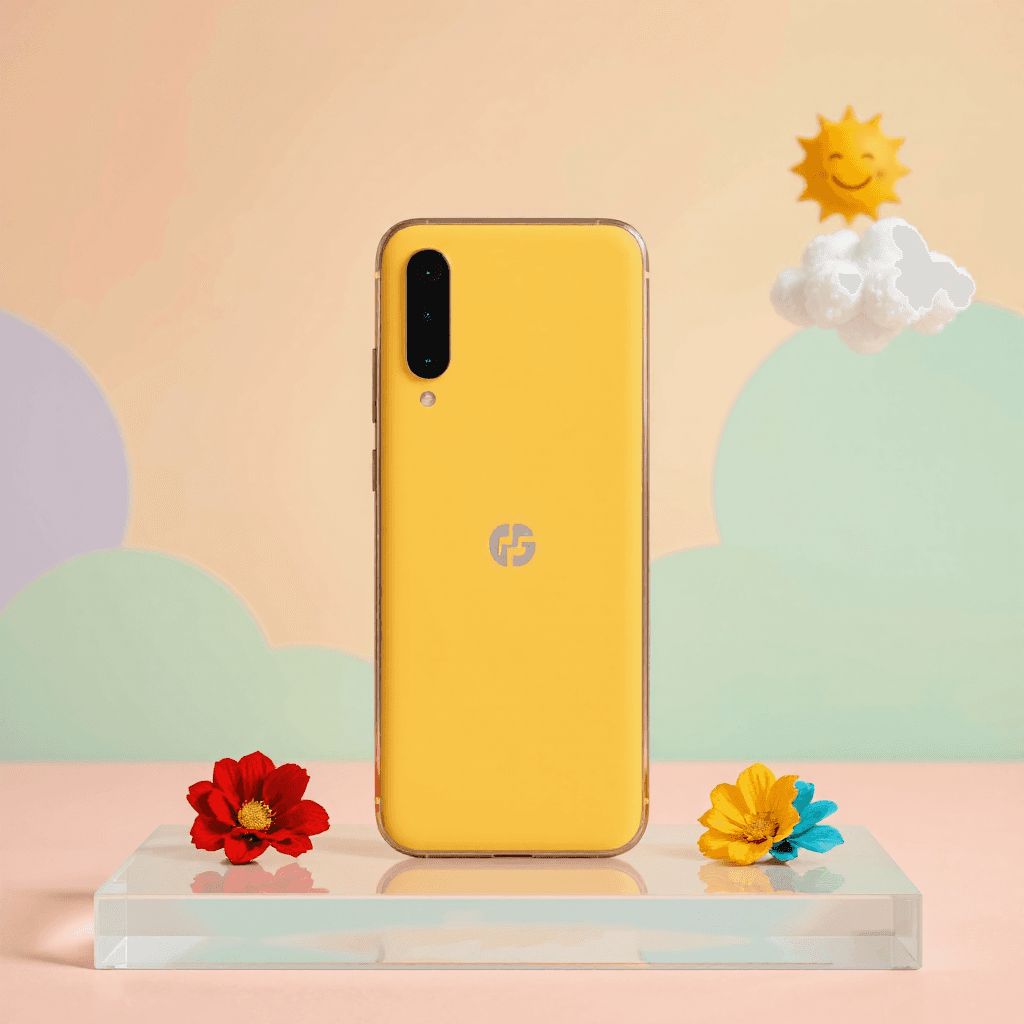product photography of a smartphone with a yellow case
