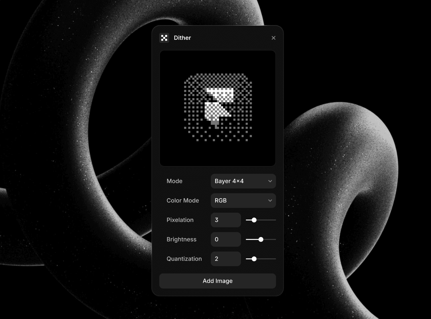 Framer interface showing Dither plugin with sample images displaying various pixelated and retro effects.