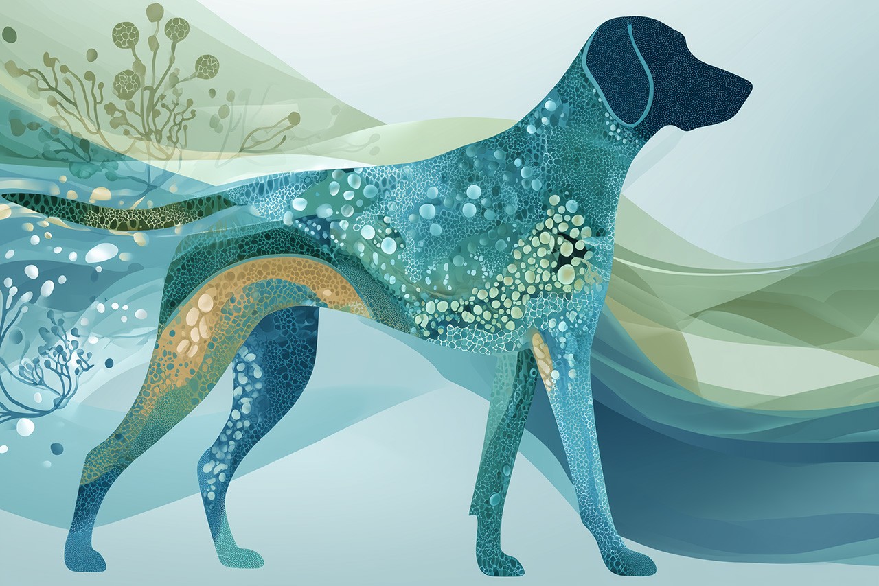Illustrazione stilizzata del microbiota intestinale nel cane, concetto visivo del legame tra dieta e sistema immunitario.