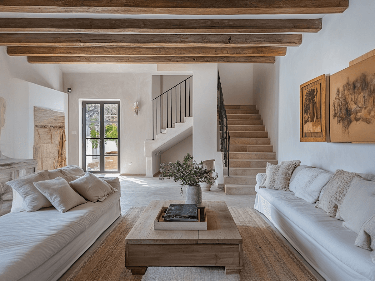 Spacious modern hallway with polished floors, tall potted palm plant, orange abstract artwork on console table, and floor-to-ceiling windows