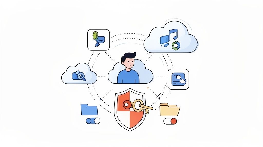 Illustration of a user connected to various cloud services, digital assets, and security features.