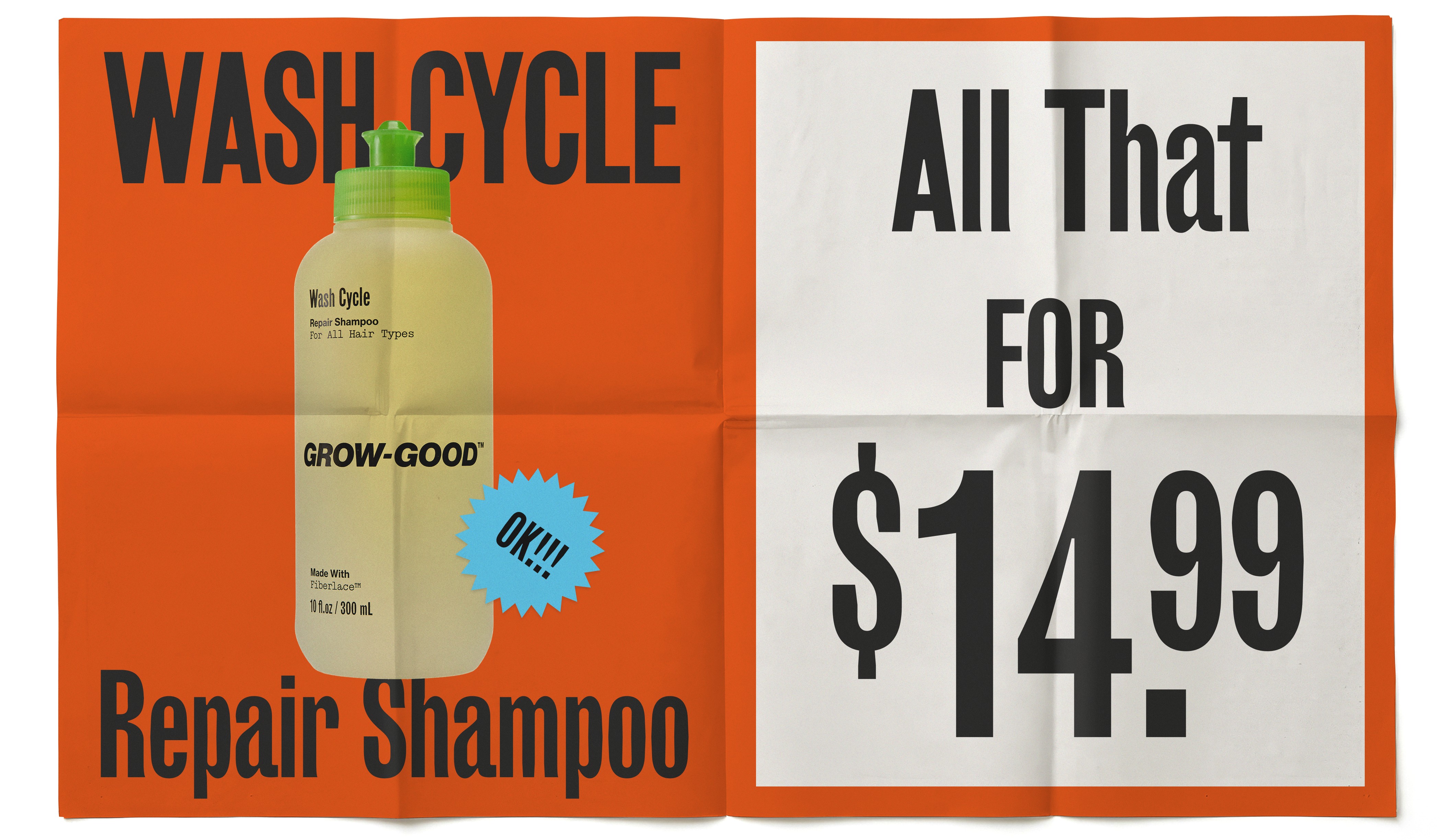 Grow-Good Beauty Wash Cycle Repair Shampoo advertising — bold typographic bodega-inspired layout