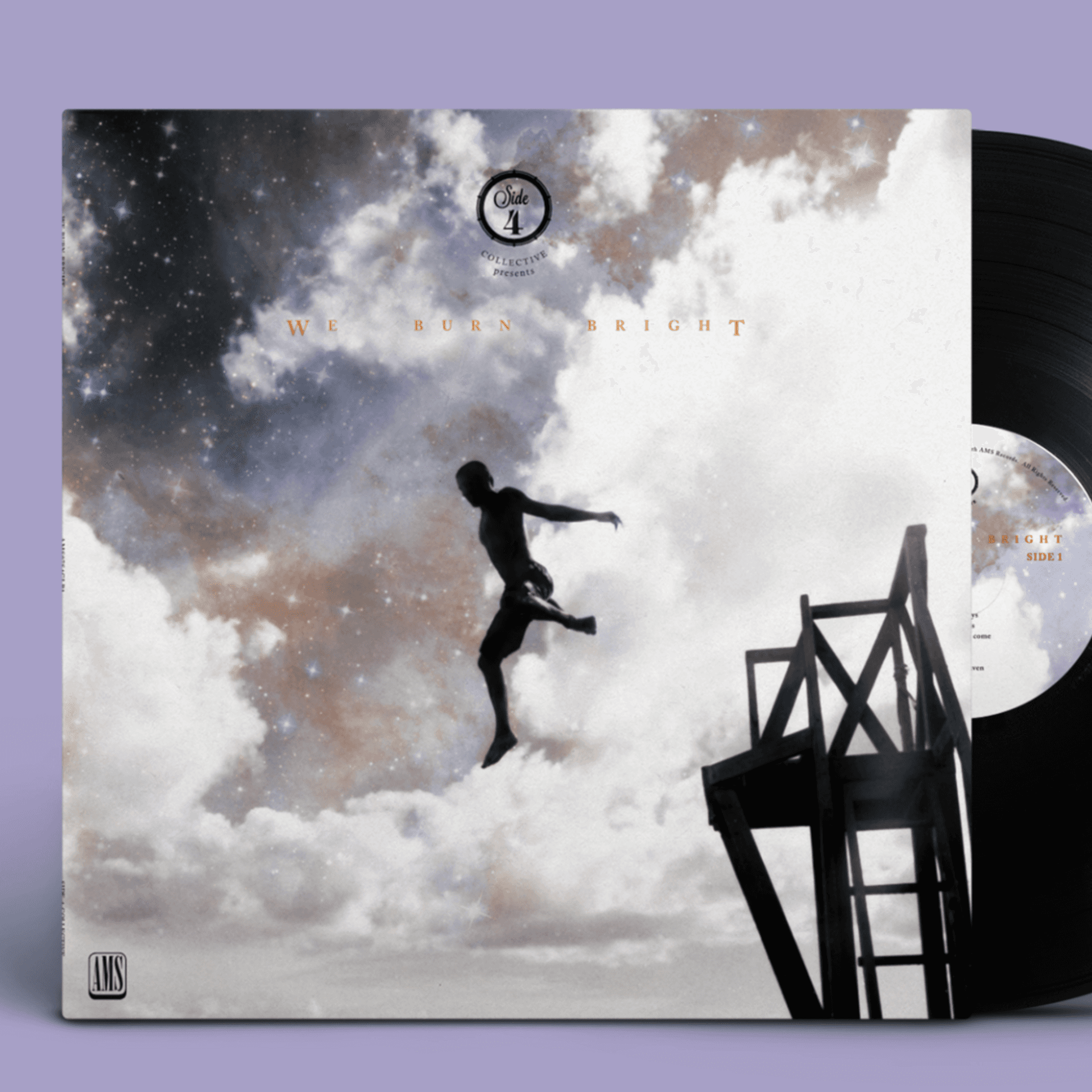 Dramatic monochrome artwork with a figure jumping off scaffolding.