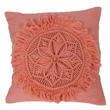 Handmade peach macrame cushion cover with round woven design and fringe