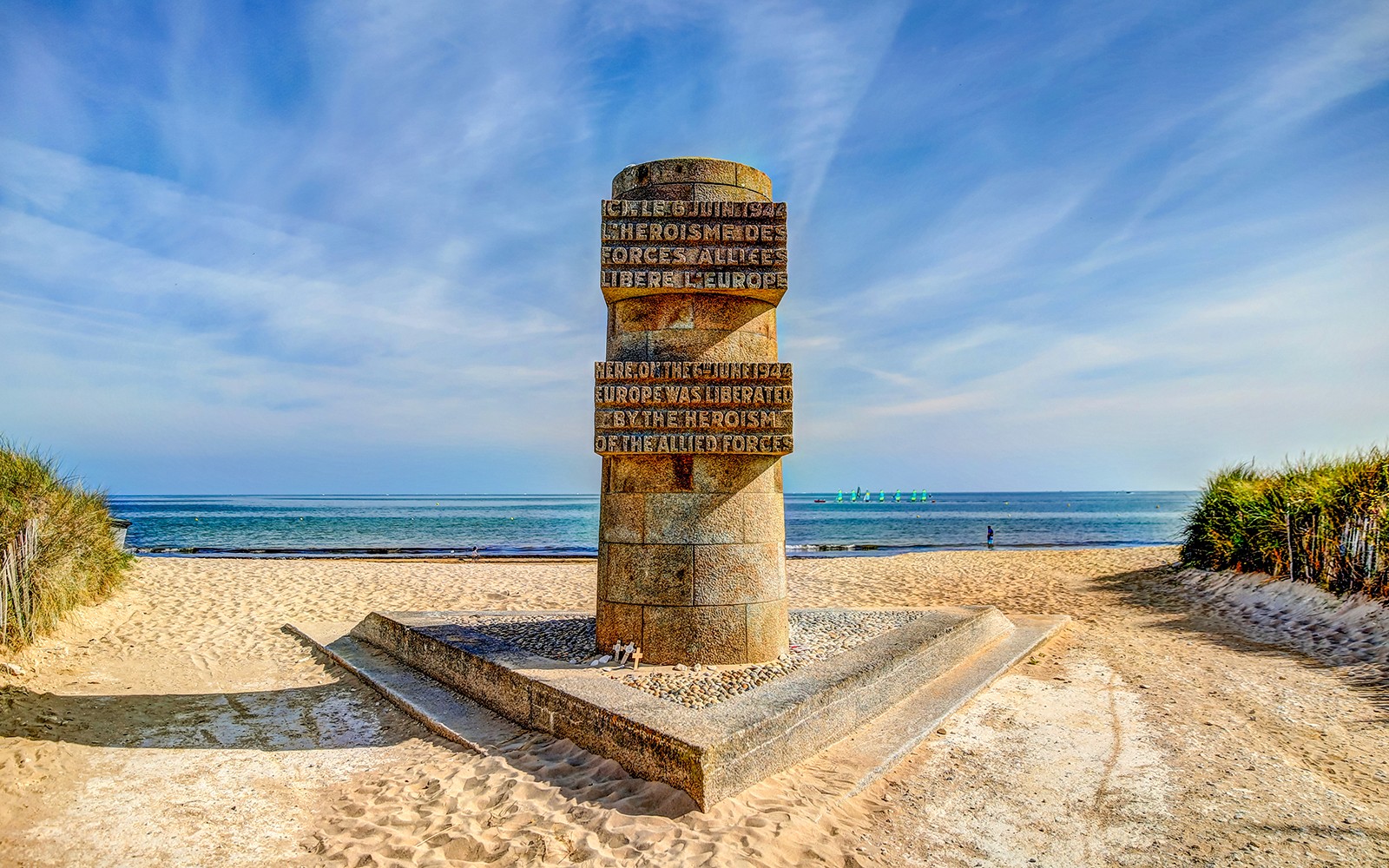 Normandy D-Day Juno Beach memorial with ocean view, France.