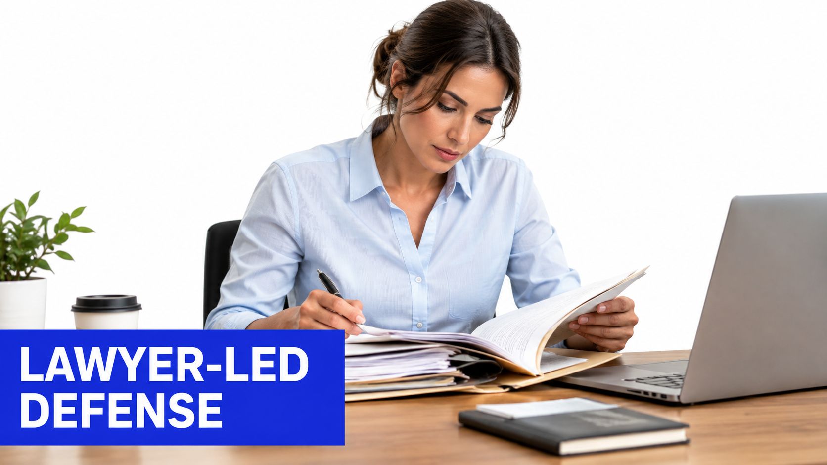 A professional woman in a light blue shirt reviews legal documents at her desk in an office.