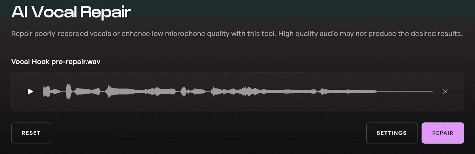 AI Vocal Repair tool interface on Kits AI