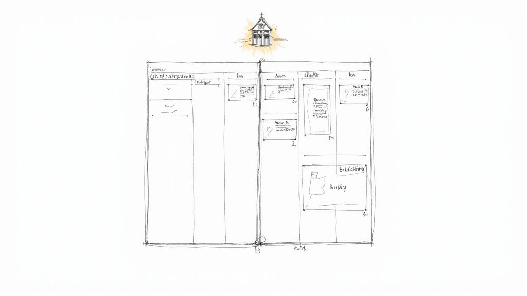 A hand-drawn diagram illustrating a church accounting or project management system with columns and notes.