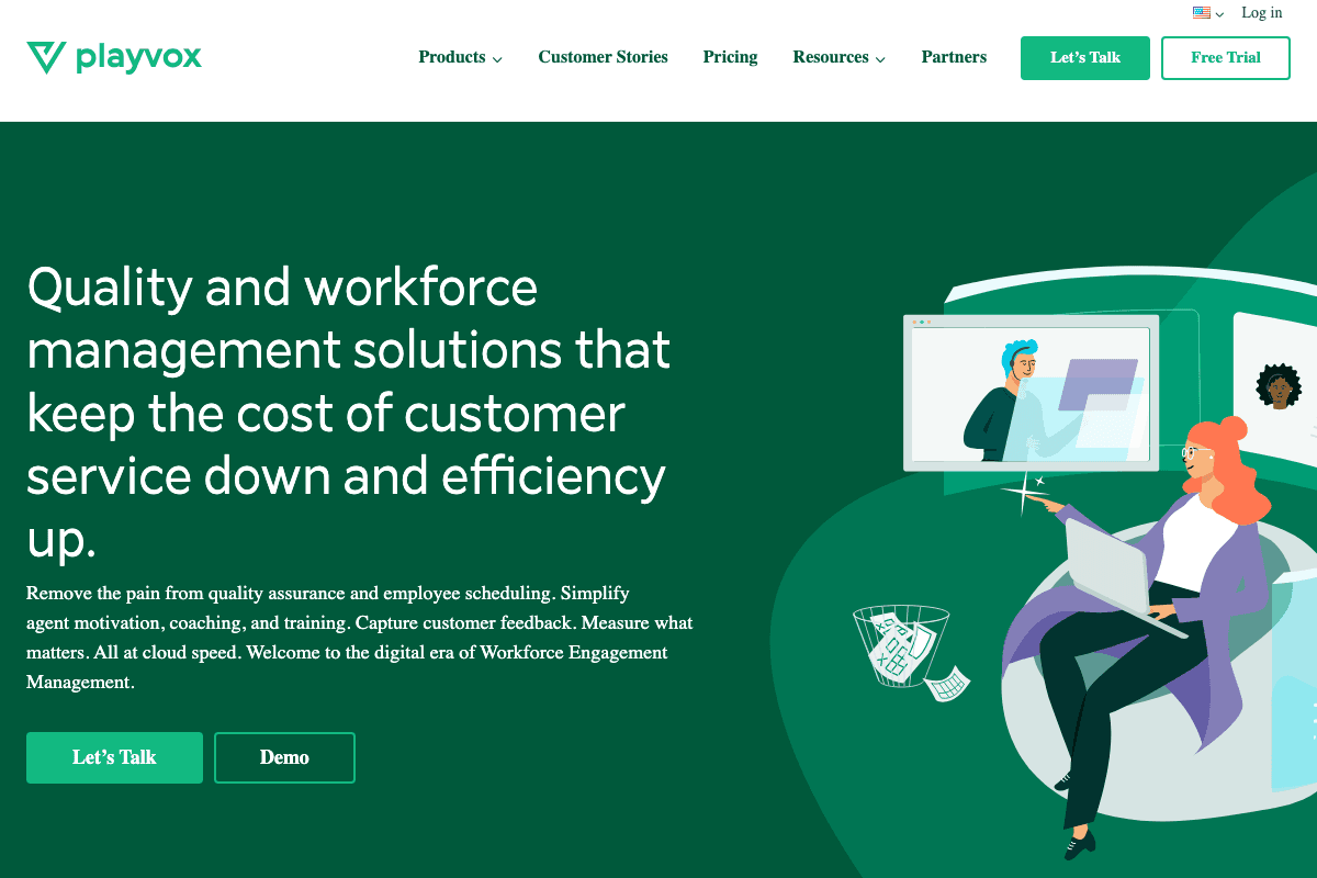 Playvox homepage headlined Quality and workforce management solutions that keep the cost of customer service down