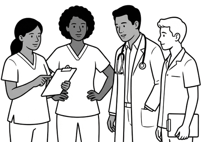 Illustration: four doctors looking at a patient's chart