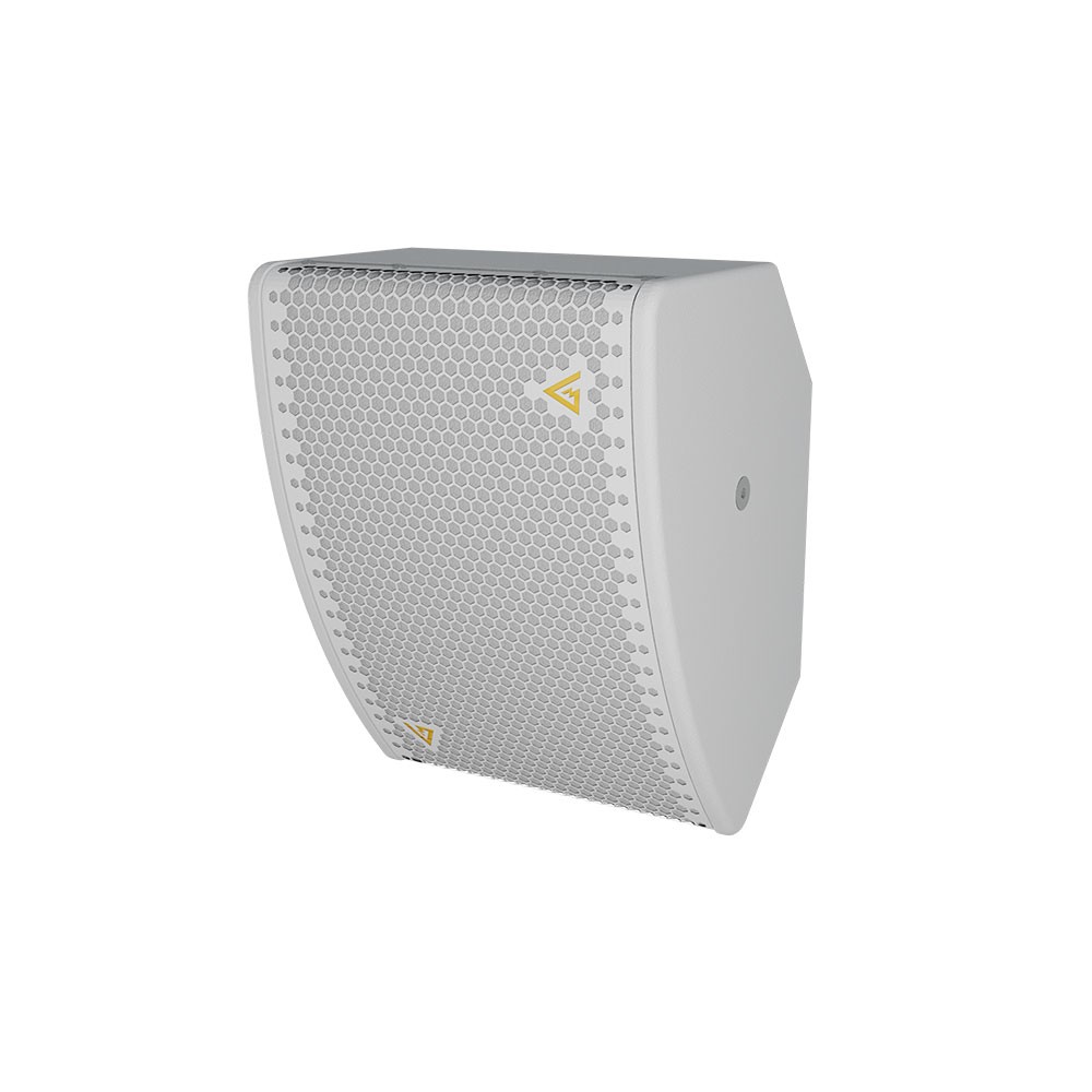 White speaker with honeycomb grill and yellow logo