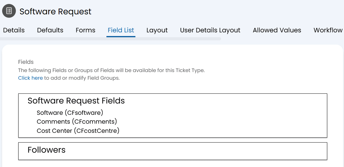 Image of the fields in the Agent portal for a Software Request.