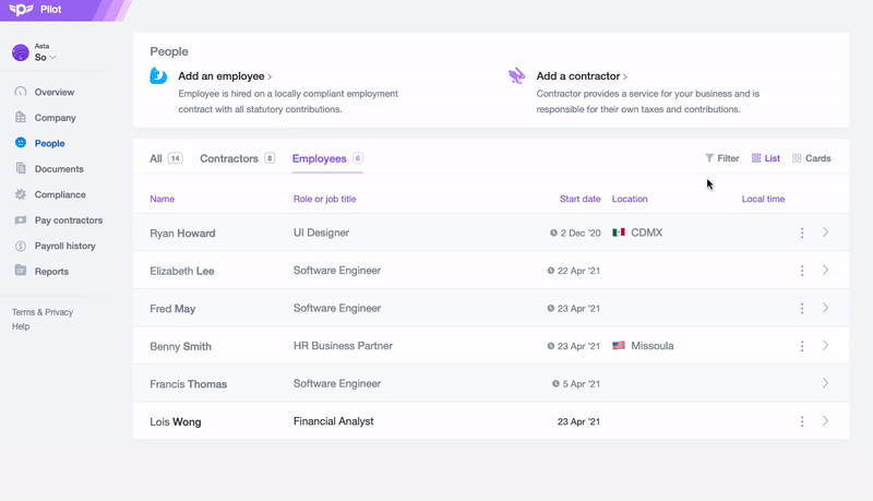 GIF showing how to use Pilot's filter feature