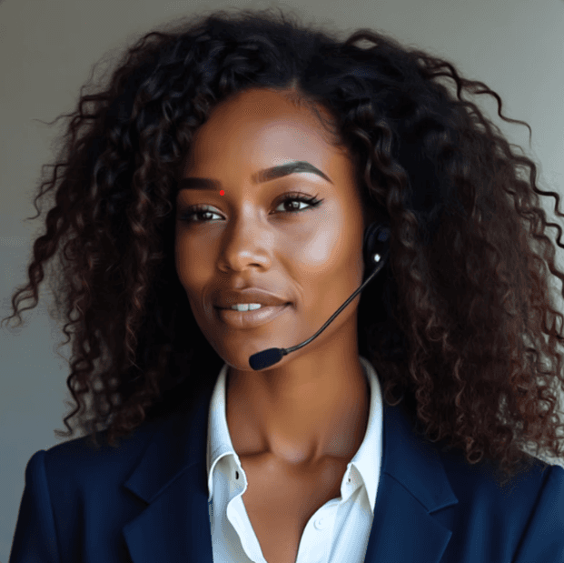 Mulher profissional com cabelo natural e volumoso, usando headset e blazer, com expressão atenta