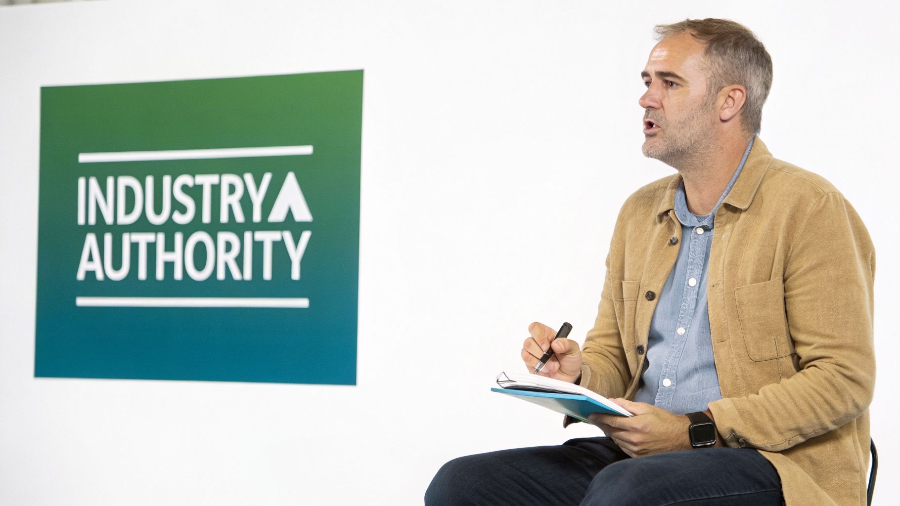 Man speaking and taking notes during a presentation, with an Industry Authority logo visible.