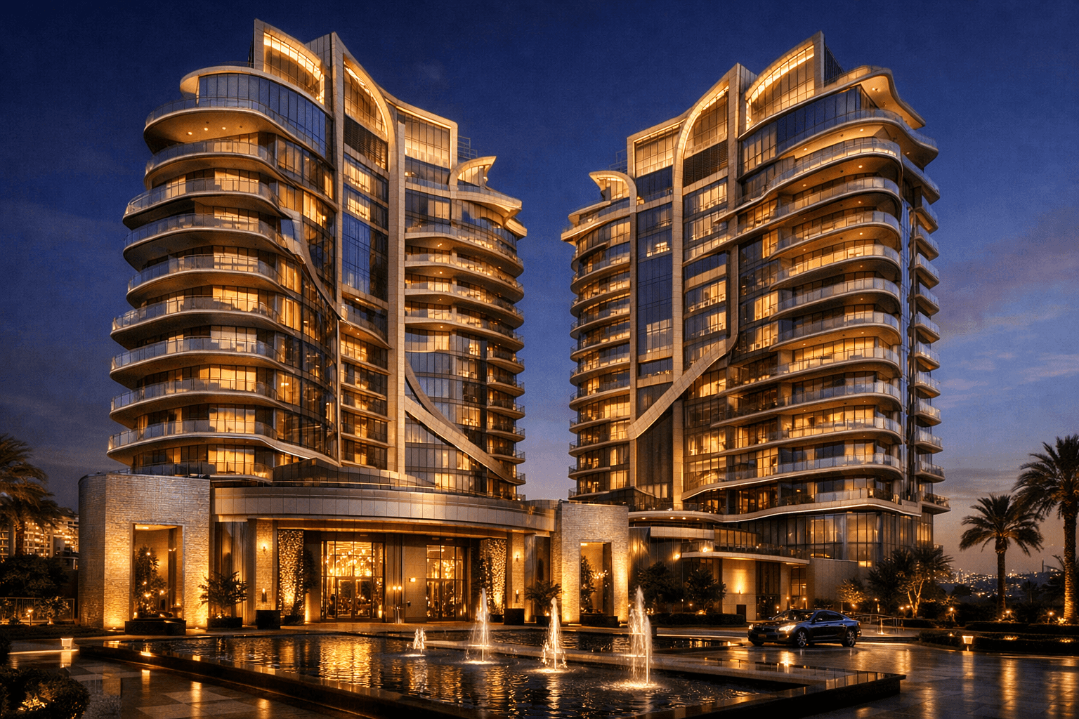 Luxury couture-inspired residential façade with sculpted architecture and premium glass detailing in Sector 111 Gurugram