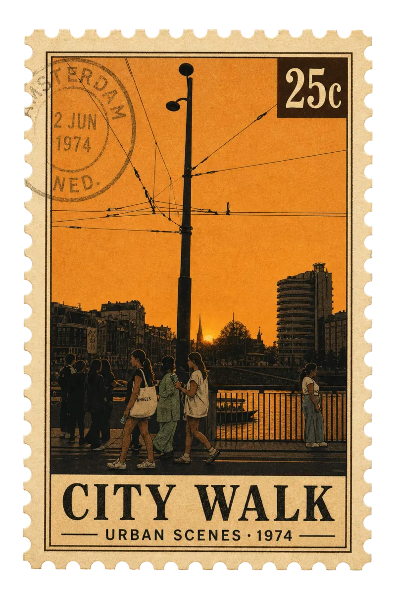 Vintage postage stamp of a canal walk at sunset