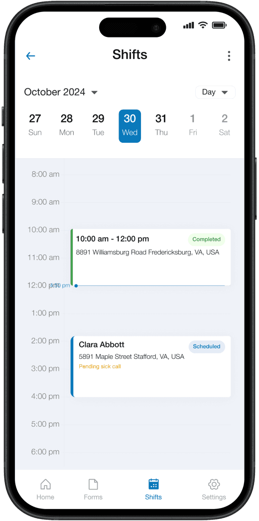 Shift calendar view on mobile phone.