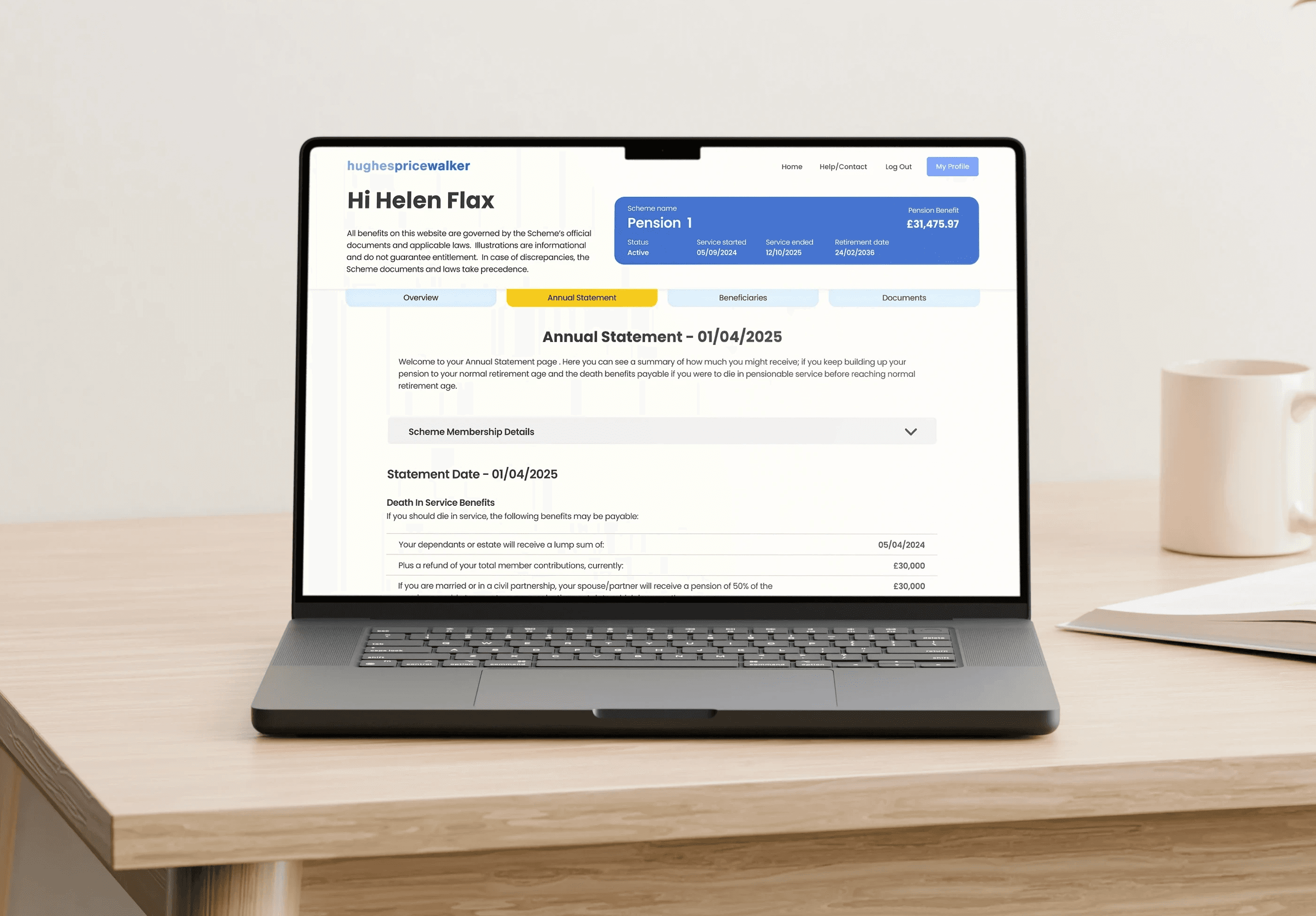 Laptop showing the Hughes Price Walker pension portal with annual statement information for active members.