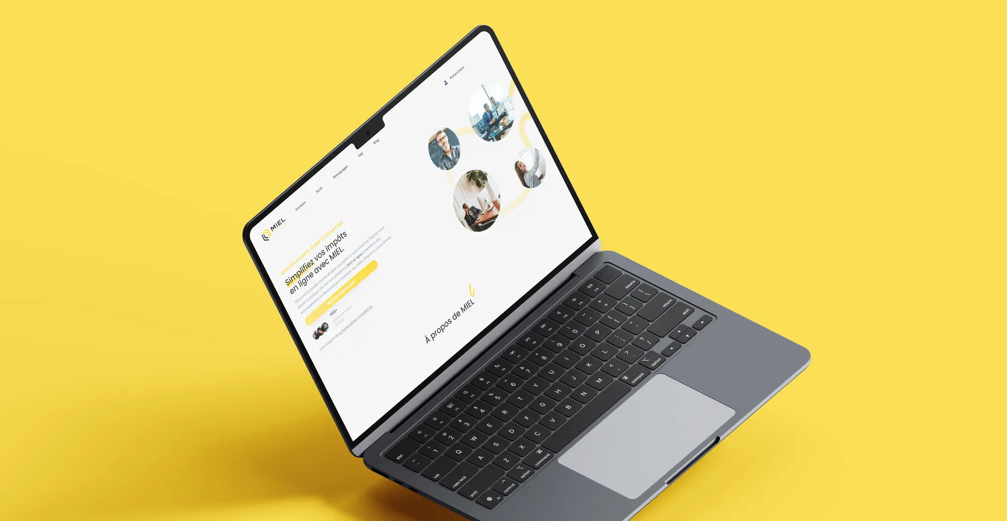 Mockup du site web MIEL (Mes Impôts En Ligne) affiché sur un ordinateur portable — page d'accueil avec le slogan "Simplifiez vos impôts en ligne avec MIEL"