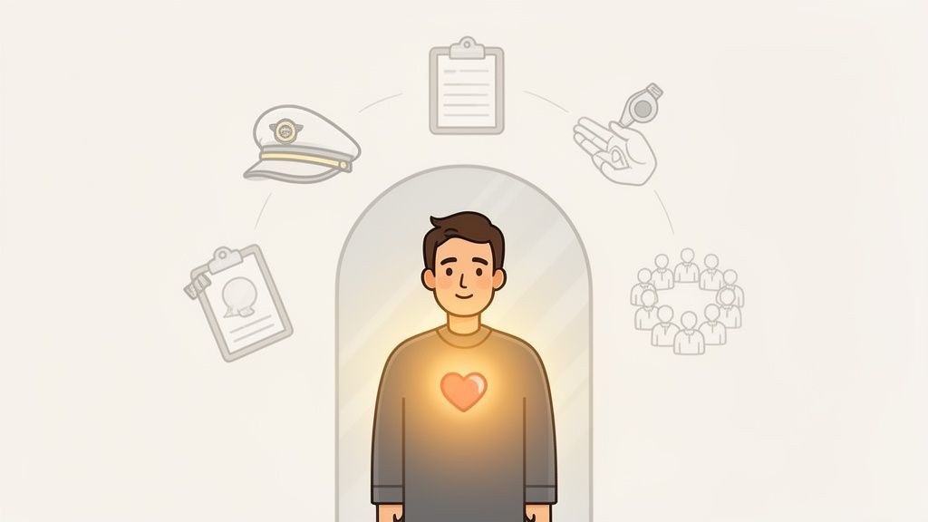 An illustration of a leader with a glowing heart, surrounded by symbols of responsibility, communication, and teamwork.