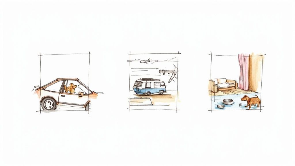 A person and their dog looking out at a new city from a high-rise apartment.