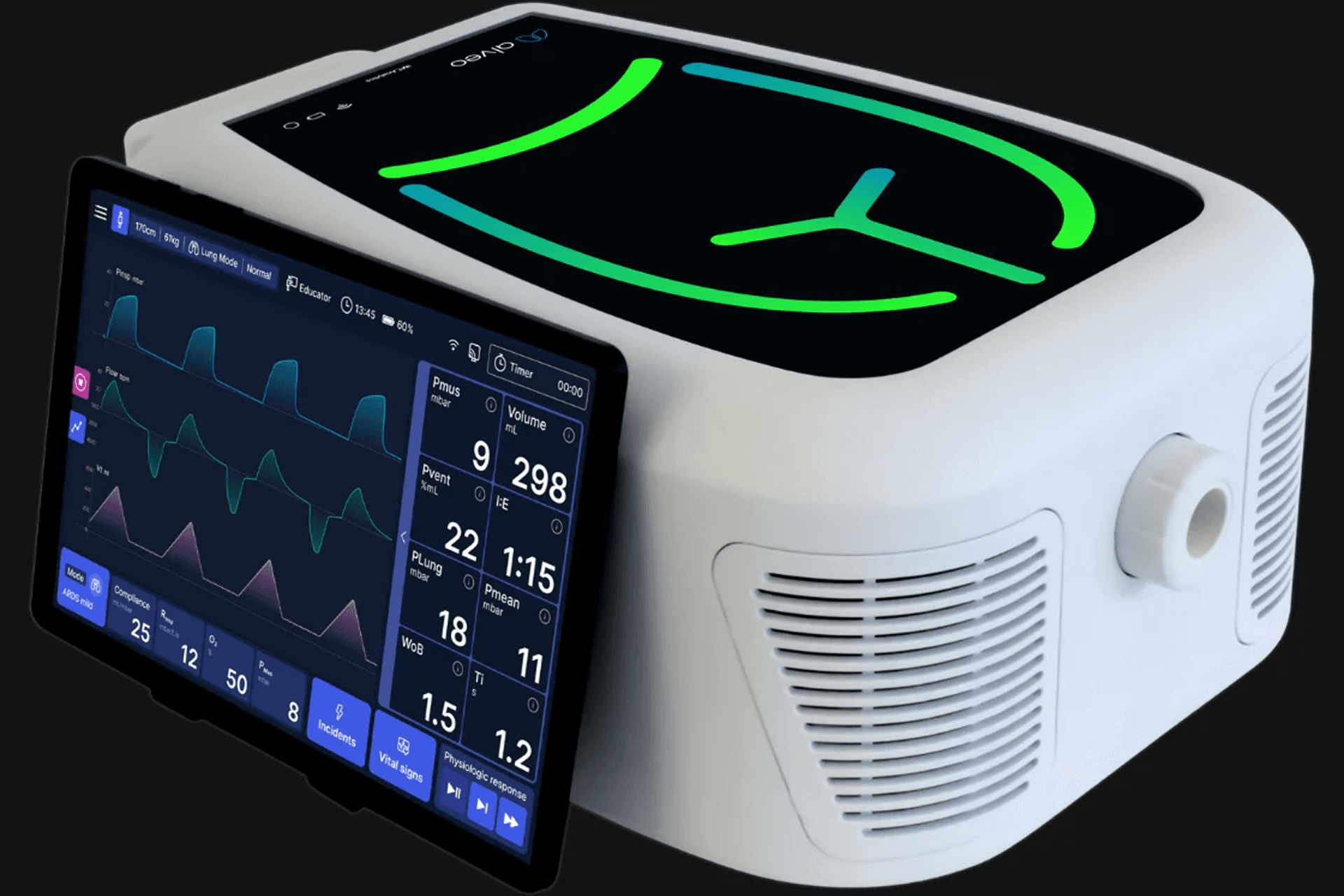 The ventilator unit beside its interface on a tablet
