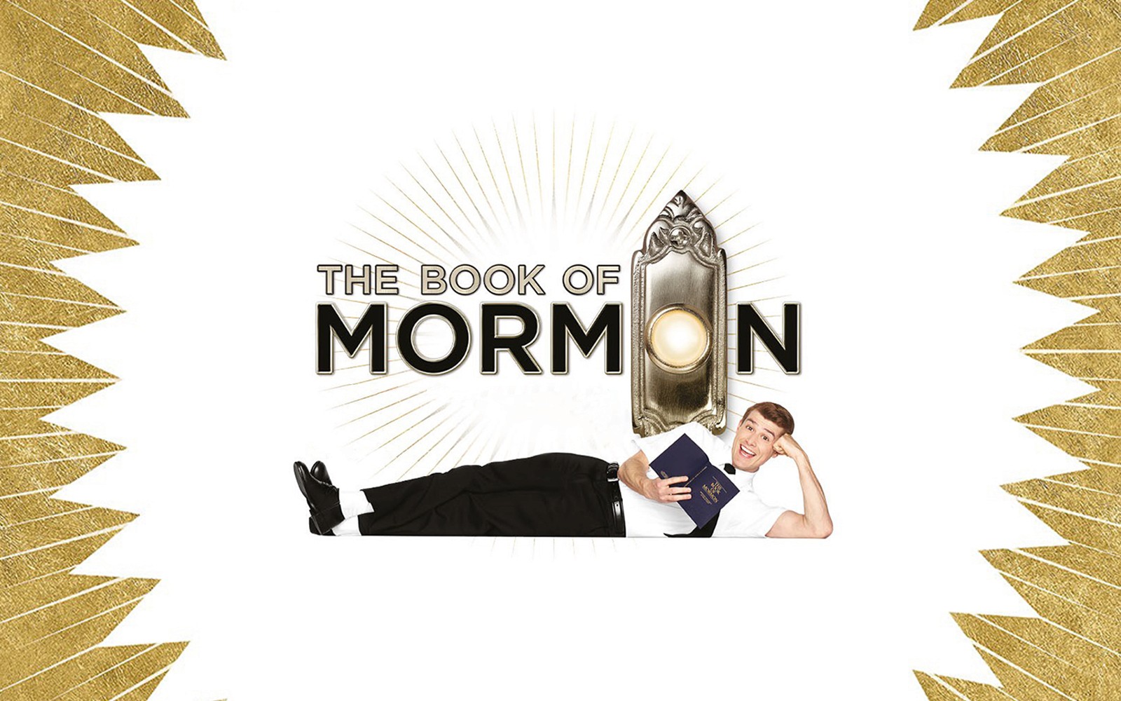 Logo ng The Book of Mormon na may ngumingiting lalaki na may hawak na aklat.