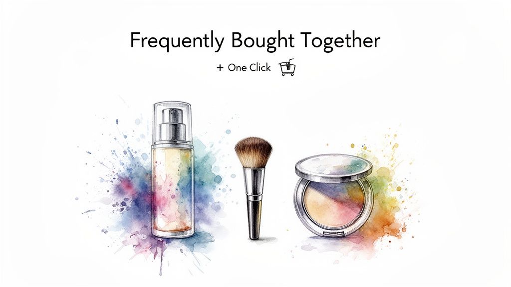 Watercolor illustration of makeup products: a spray bottle, brush, and compact, with 'Frequently Bought Together' text.