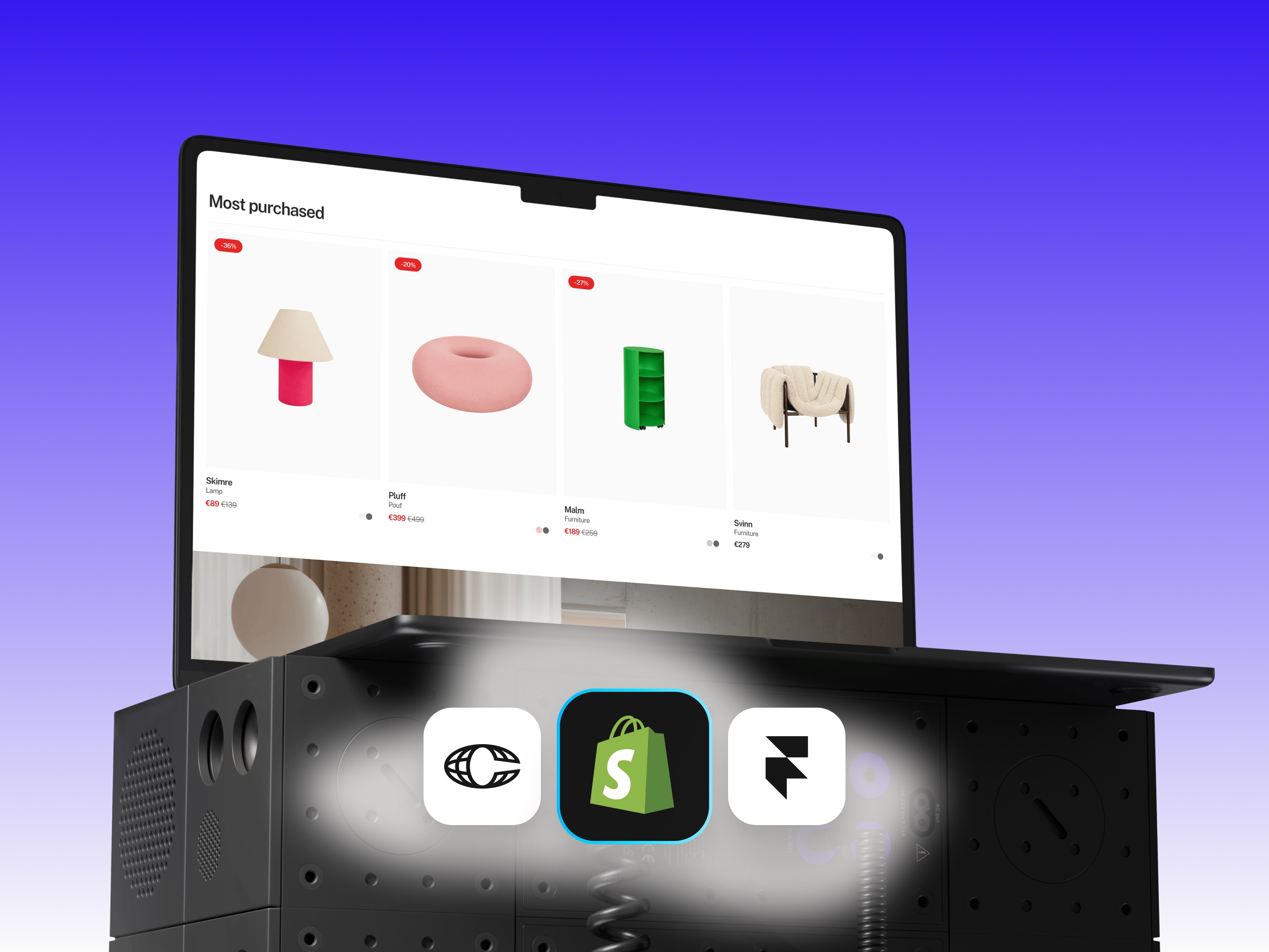 Modern Framer eCommerce template storefront showcasing skincare product cards with clear Shopify and Framer integration icons.