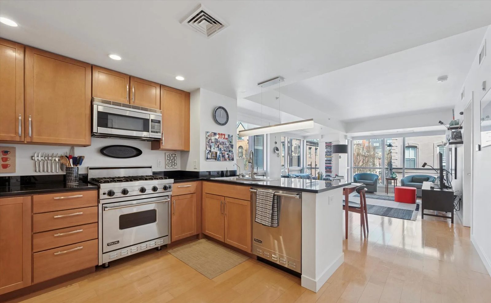 Open kitchen and living room in a Center City Philadelphia condo
