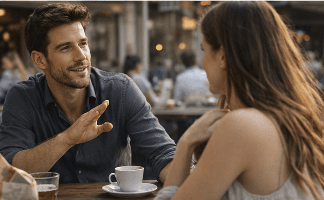 ein paar sitzt in einem caffe und spricht miteinander