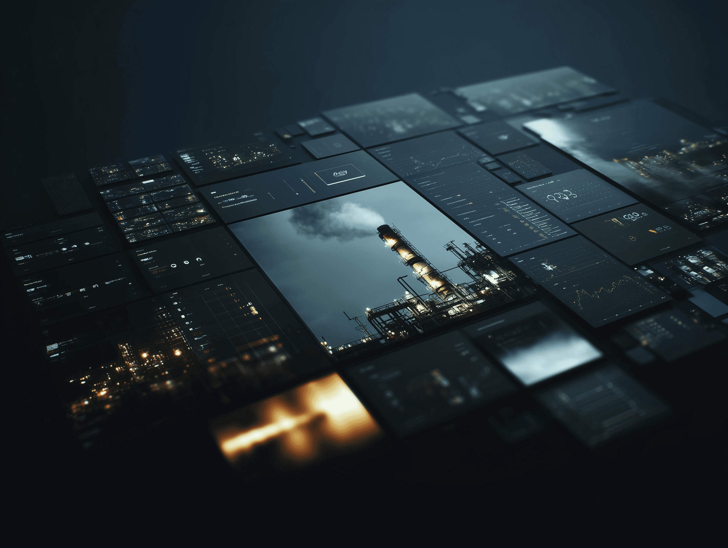 Abstract manufacturing intelligence dashboard with layered data panels, analytics screens, and an industrial facility image in a dark enterprise interface.