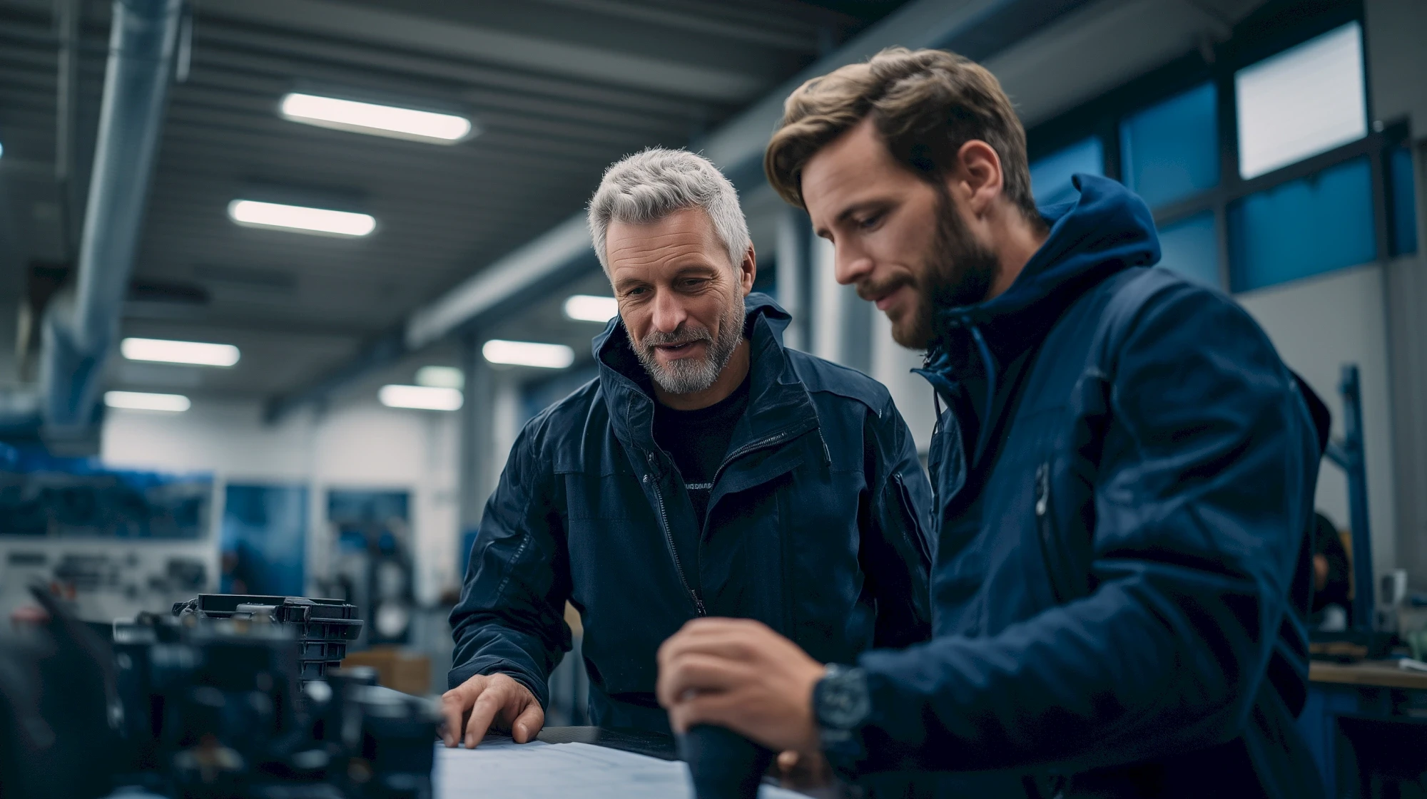 Two men in blue jackets look at a blueprint in a workshop. 
