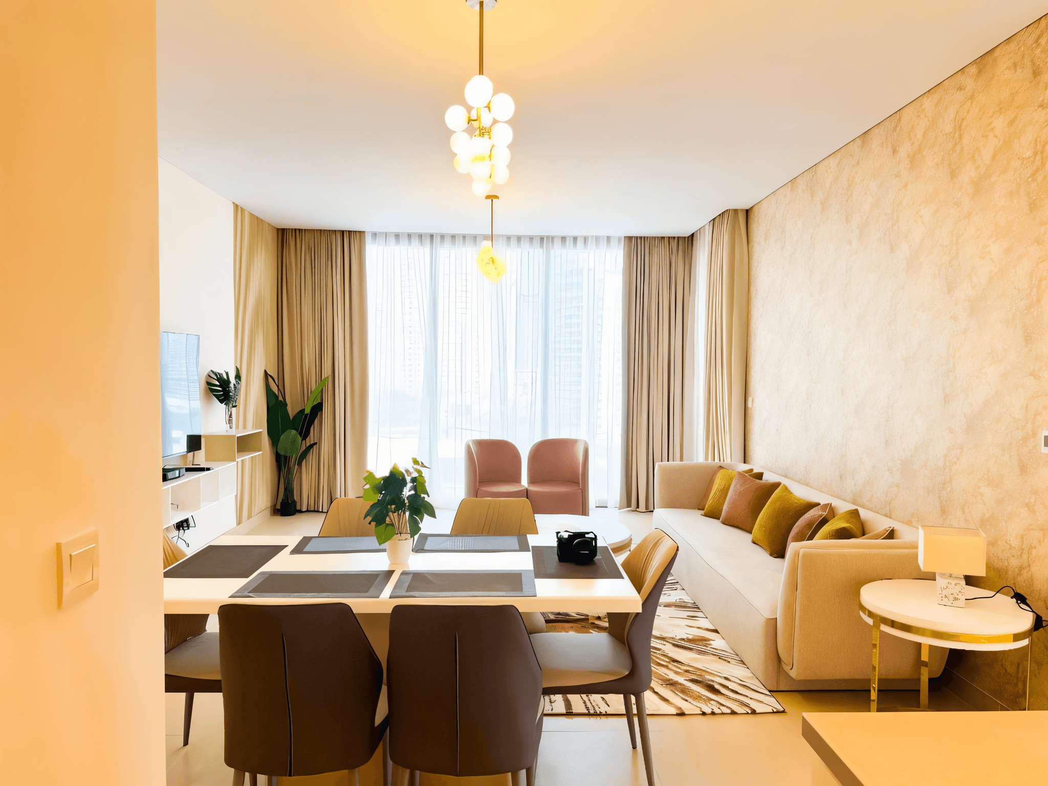Elegant living and dining space in a condo, featuring modern furnishings and decor by Emaar.