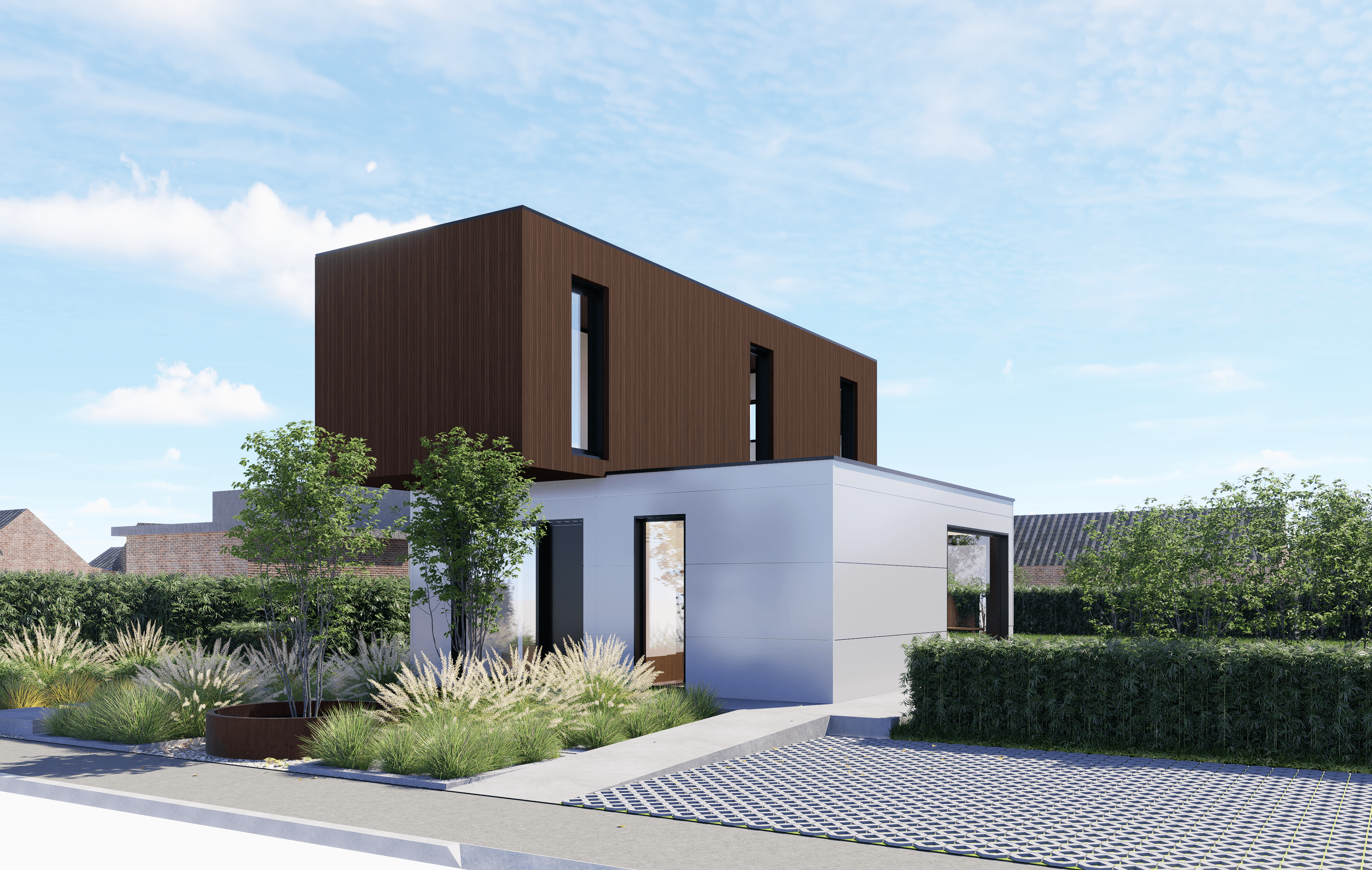 render buitengevel panelen en hout hub 113