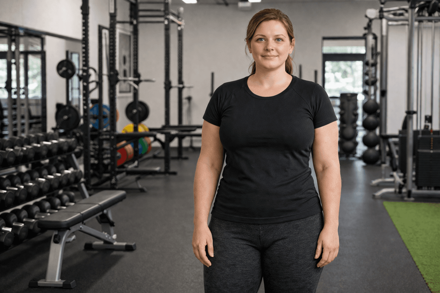 A woman in a black t-shirt standing inside a gym with weight racks and dumbbells in the background.
