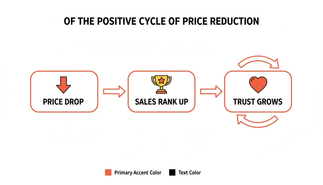 A flowchart illustrates the positive cycle of price reduction: Price Drop leads to Sales Rank Up, which fosters Trust Grows.