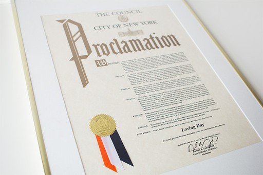 A framed New York City Council proclamation recognizing Loving Day.