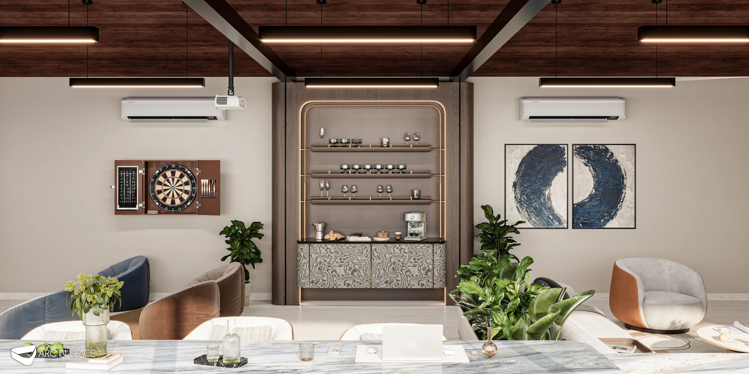 Bar, games and lounge furniture arranged within the Abu Dhabi rooftop family living space.