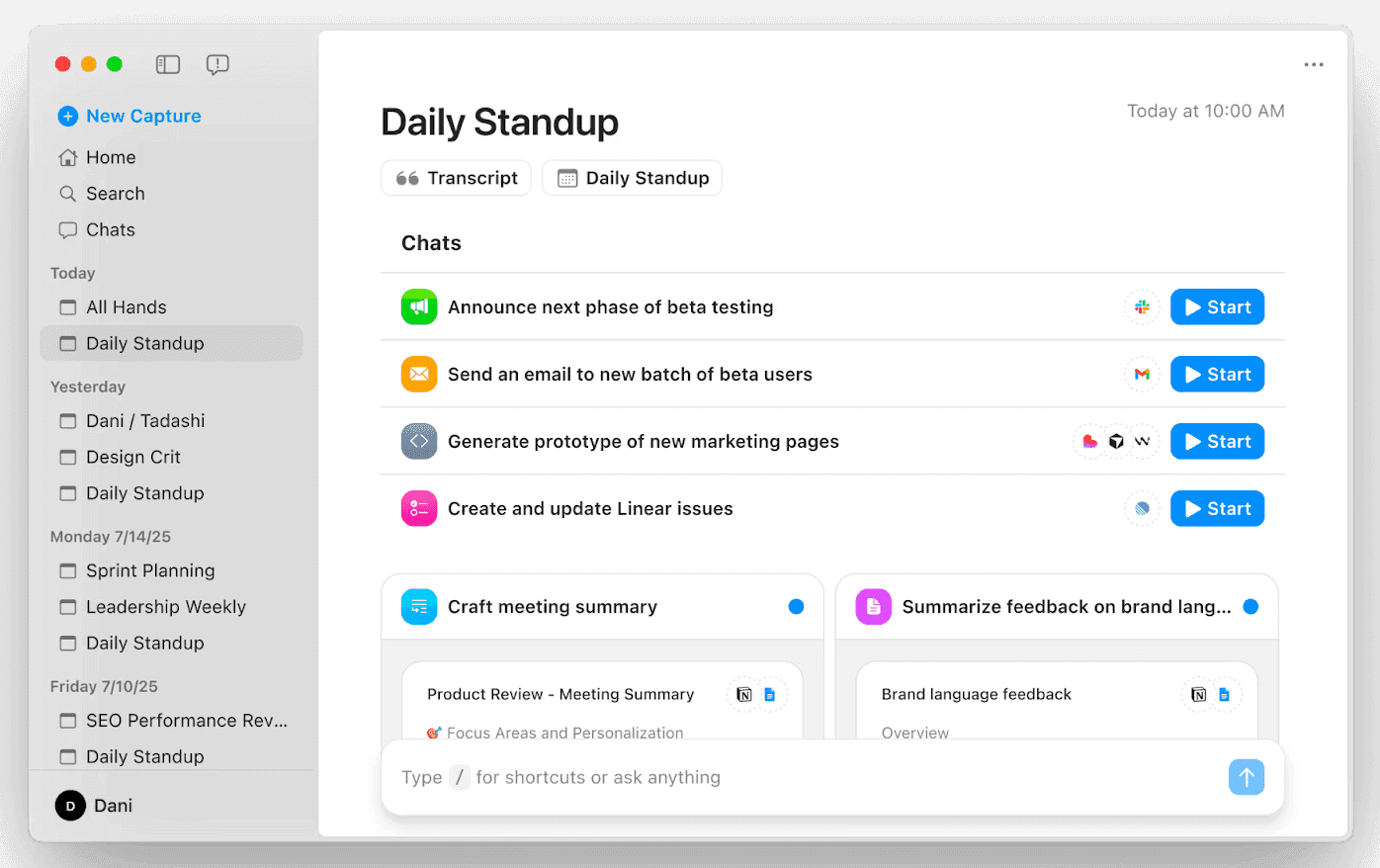 Screenshot of Radiant’s home view showing upcoming meetings, AI-generated meeting summaries awaiting review, and action items ready to start, along with a sidebar of recent calls.