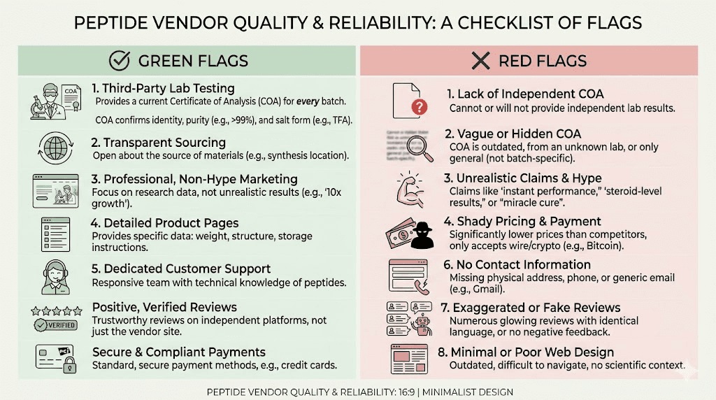 Peptide vendor evaluation checklist showing green flags versus red flags