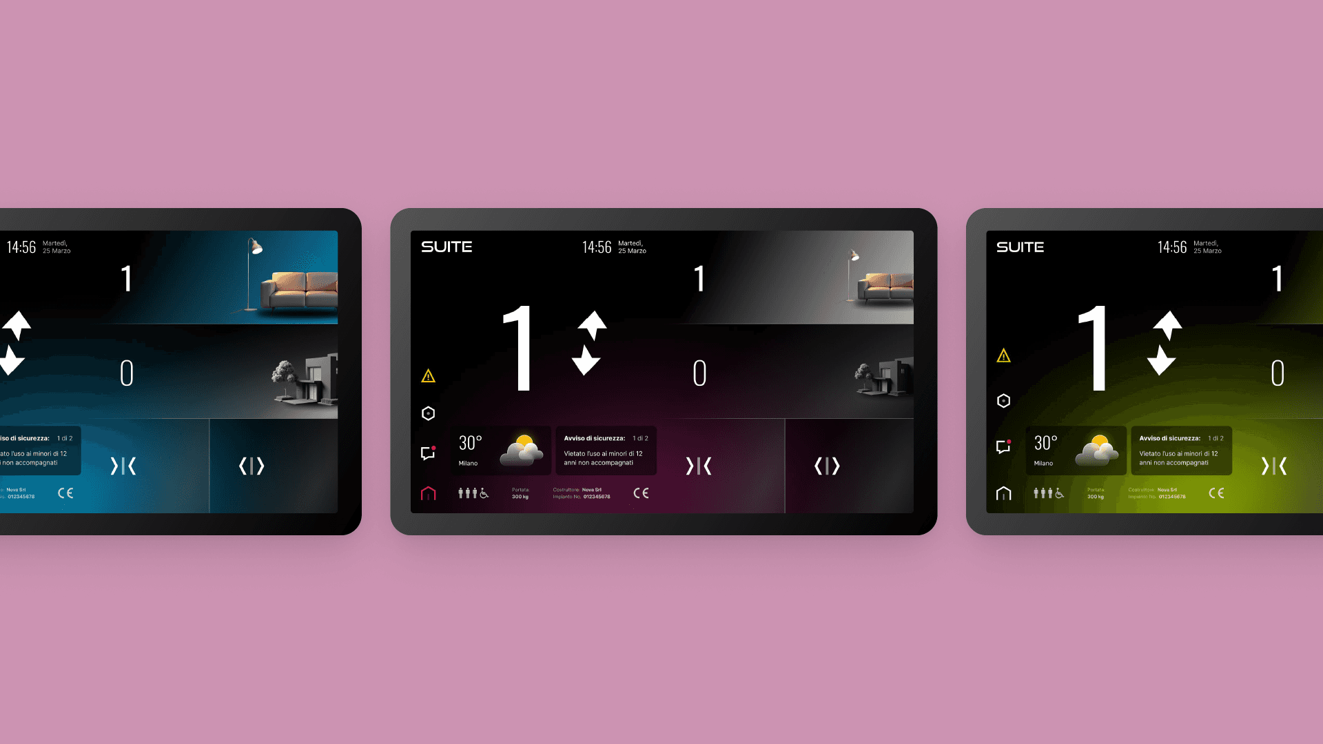 High-end touch screen interface for smart elevators, featuring dark mode aesthetic, elegant typography, and intuitive user flow.