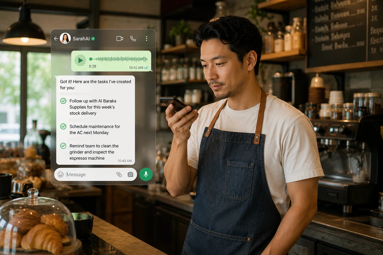 Restaurant owner creating supplier and maintenance reminders from a WhatsApp voice noteRestaurant owner creating supplier and maintenance reminders from a WhatsApp voice noteRestaurant owner creating supplier and maintenance reminders from a WhatsApp voice note